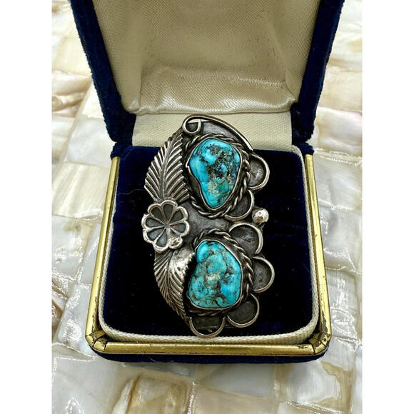 Turquoise Signet Silver Ring Native American Navajo 925 size 5.5 Signed HS